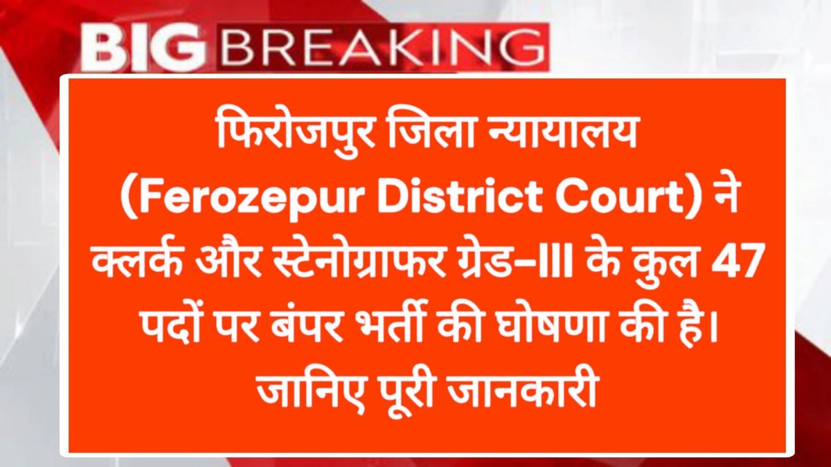 फिरोजपुर जिला न्यायालय (Ferozepur District Court) ने क्लर्क और स्टेनोग्राफर ग्रेड-III के कुल 47 पदों पर बंपर भर्ती की घोषणा की है।