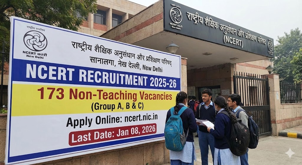 NCERT Recruitment 2025-26 Official Banner outside NCERT New Delhi Office displaying 173 Non-Teaching Vacancies for Group A, B and C posts with Apply Online link ncert.nic.in and Last Date 08 January 2026