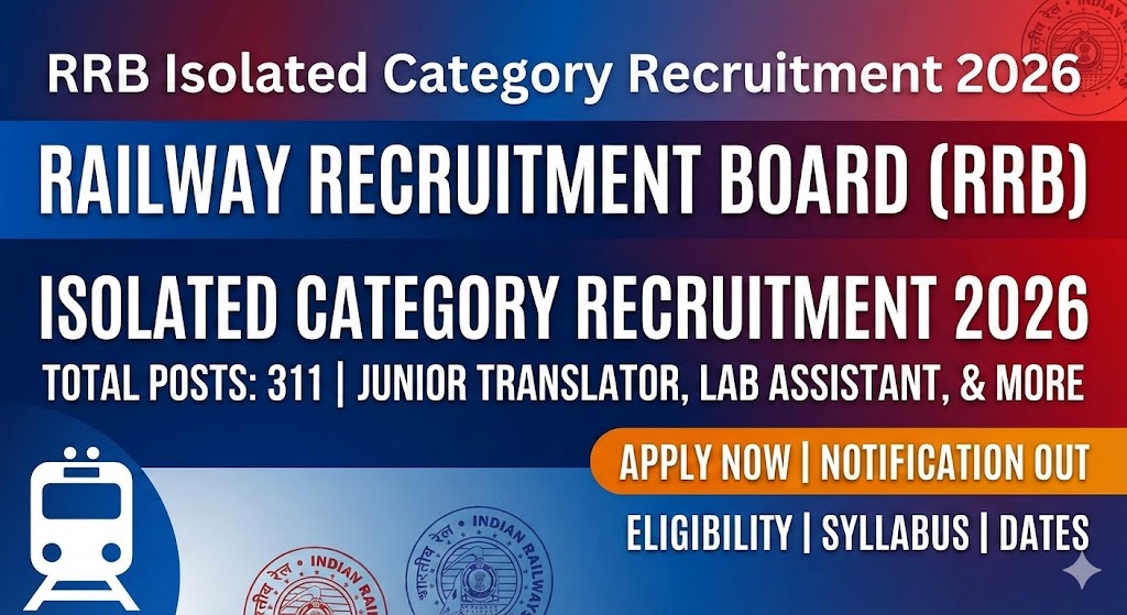 RRB Isolated Category Recruitment 2026 Notification Banner showing 311 vacancies for Junior Translator and Lab Assistant posts with Apply Now status.