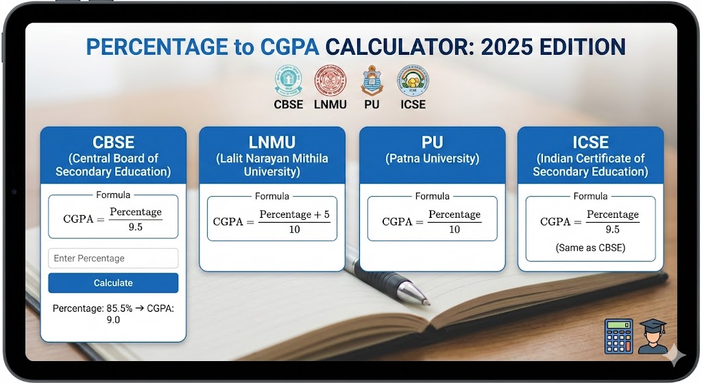 CBSE (Central Board of Secondary Education): फॉर्मूला "CGPA = Percentage / 9.5" है। इसमें एक कैलकुलेटर का उदाहरण भी है जहाँ 85.5% दर्ज करने पर 9.0 CGPA दिखाया गया है।